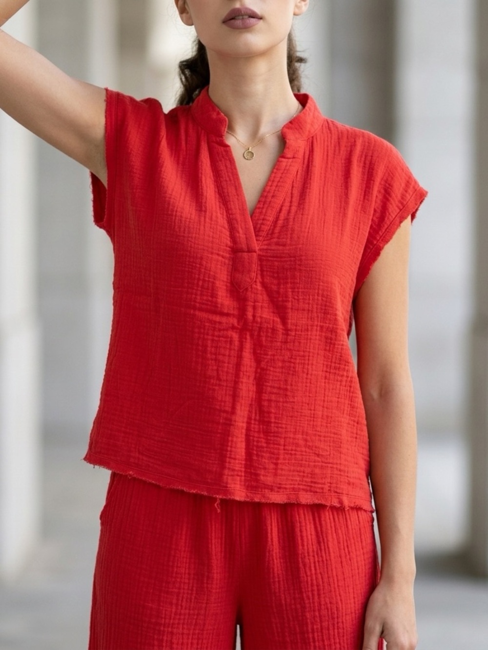 Jones & Co Women’s Sz Small Red V Neck Sleeveless Crinkle Gauzy Blouse